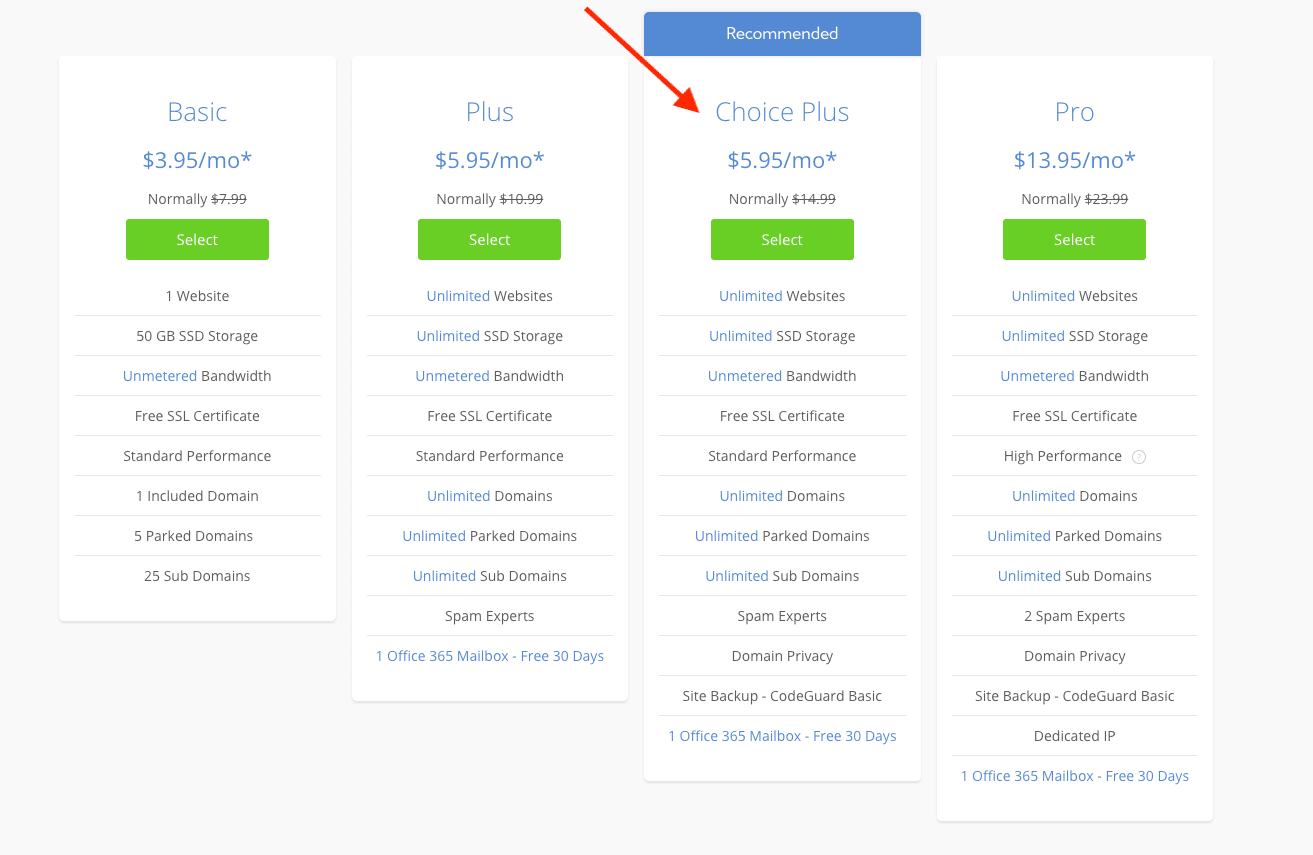 choose your bluehost plan